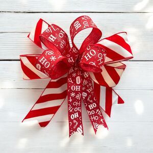 Candy Cane "Ho Ho" Christmas Bow - 12-Inch Wired Ribbon Festive Decor!
